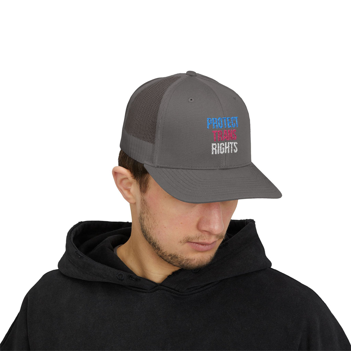 Protect Trans Rights 2025 Trucker Hat – Mesh Back, Solid Message