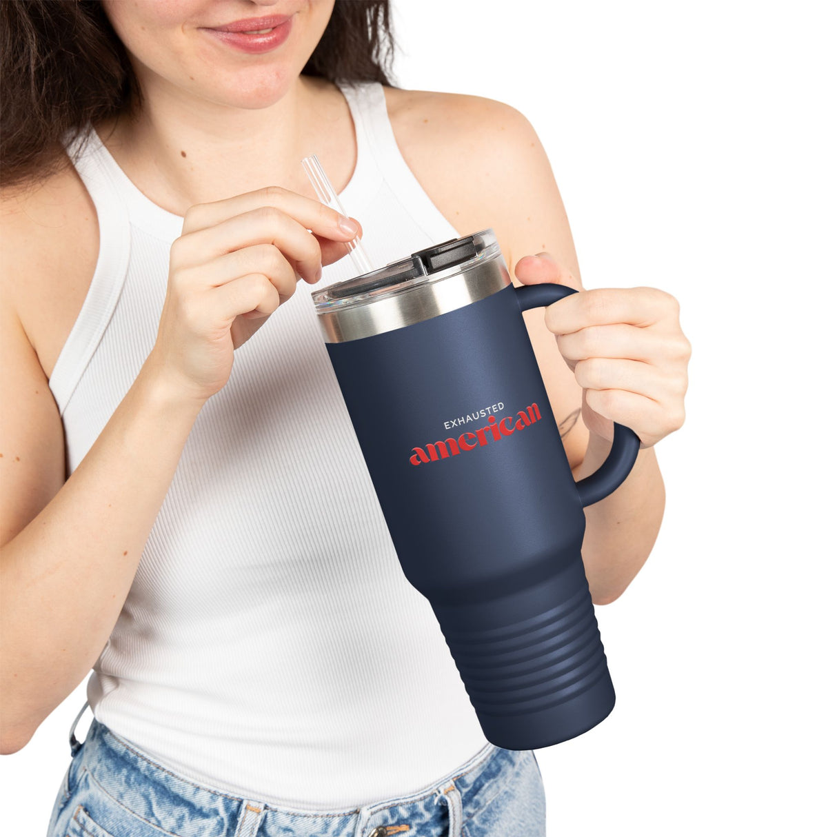Exhausted American Insulated Travel Mug - 40oz Red Tumbler for On-the-Go Coffee Lovers