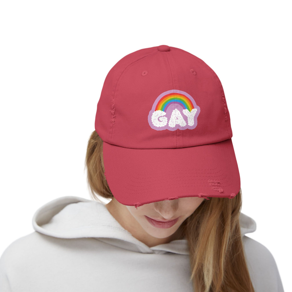 Gay Rainbow Cloud Hat – Weathered Look, Fresh Message