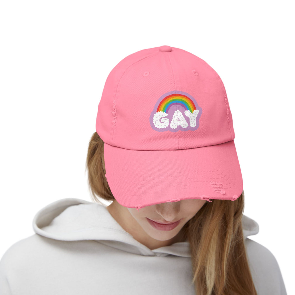 Gay Rainbow Cloud Hat – Weathered Look, Fresh Message