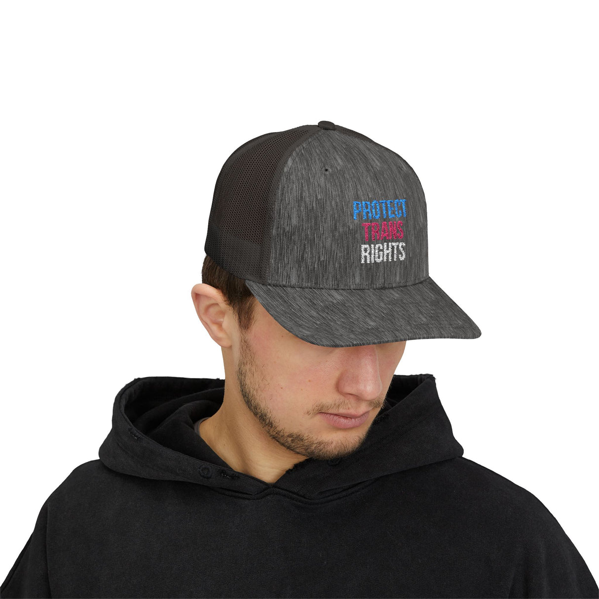 Protect Trans Rights 2025 Trucker Hat – Mesh Back, Solid Message