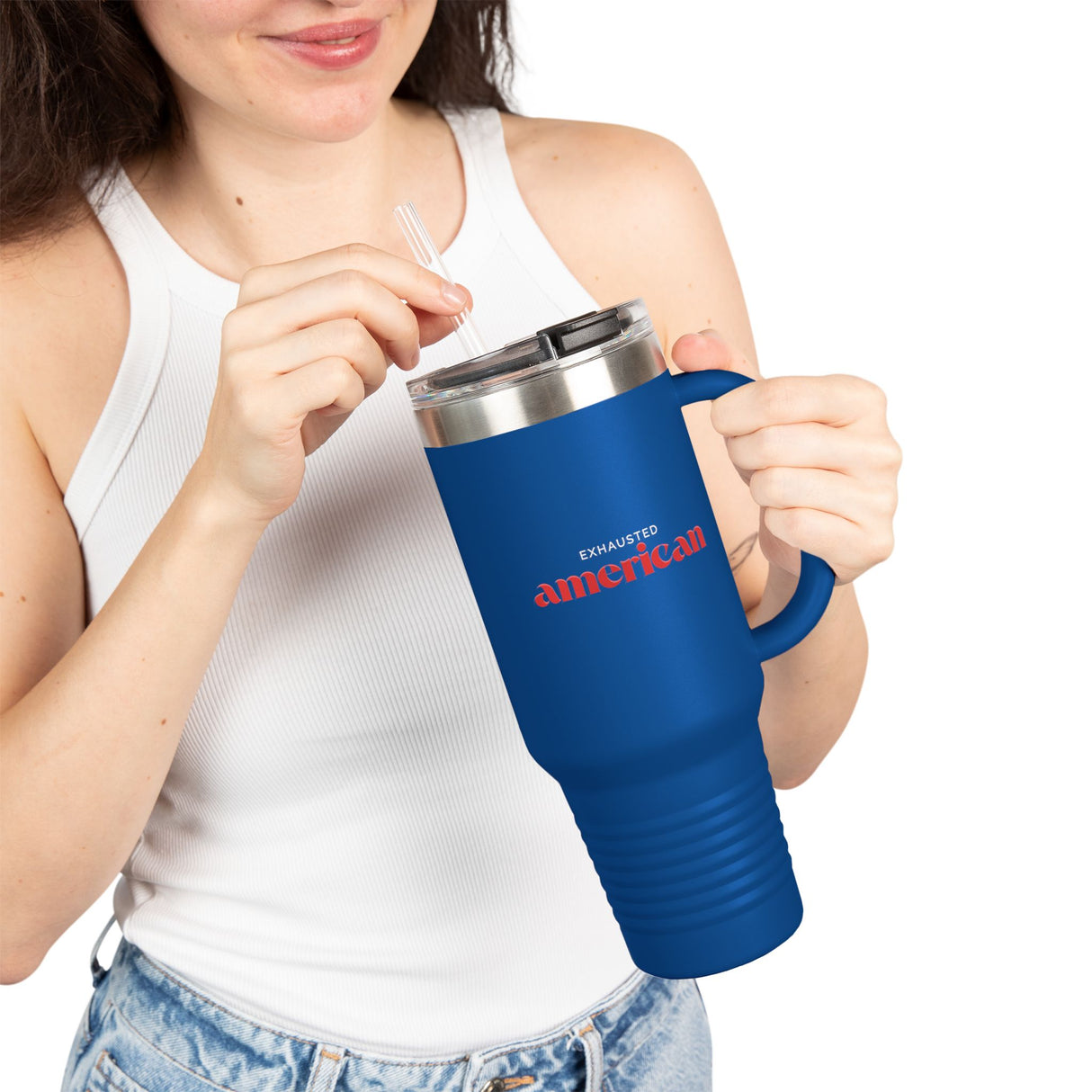 Exhausted American Insulated Travel Mug - 40oz Red Tumbler for On-the-Go Coffee Lovers