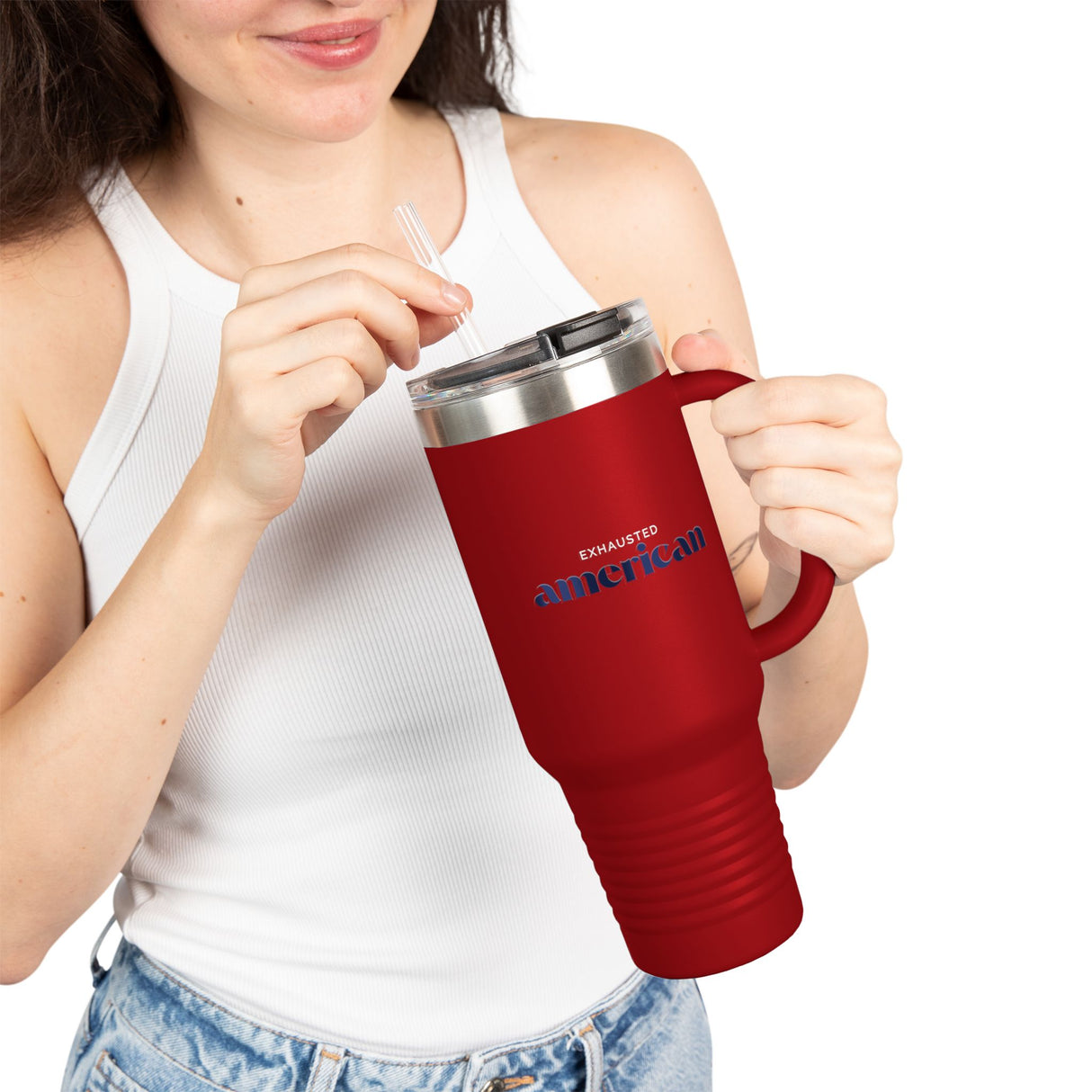 Exhausted American Insulated Travel Mug - 40oz Red Tumbler for On-the-Go Coffee Lovers